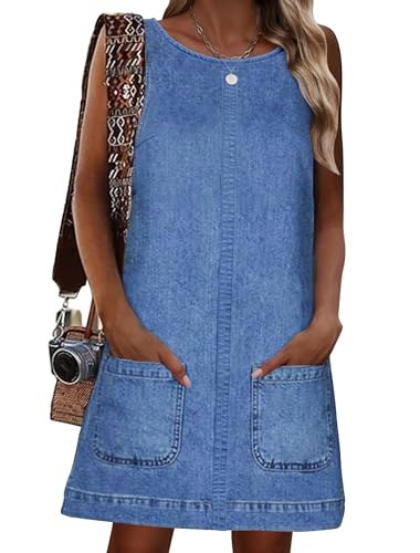 Womens Sleeveless Casual Denim Dress - Summer Crewneck Vintage Loose Jean Romper Overall Dress with Pockets