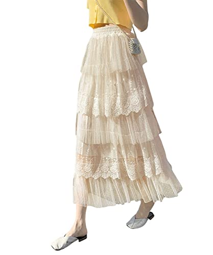 ebossy Women's Sweet Layered Lace Skirt Ruffled Embroidery Tiered Tulle Mesh Princess Skirts