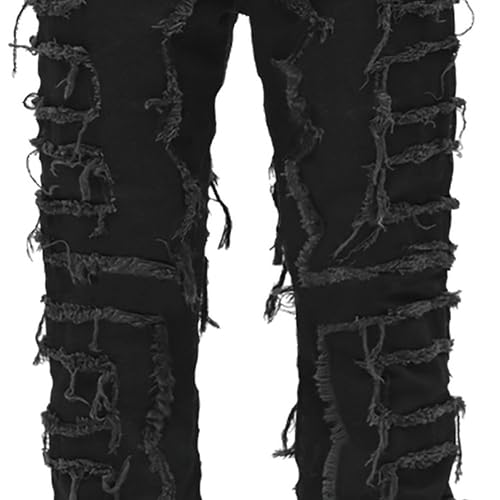 Stretch Stacked Jeans Mens Slim Fit Ripped Patchwork Frayed Straight Leg Denim Pants Distressed Skinny Flared Trousers Black by Generic - Used condition - Image 5