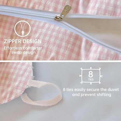 Image of BOLINLIVING Gingham Duvet Cover Twin Size, 2PCS Pink White Checkered Plaid Duvet Cover Set, Microfiber Bedding Set for All Season with Zipper Closure and Corner Ties