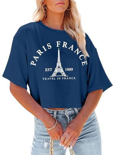 Blusas, Sports Zylkor Paris France - Camisetas cortas para mujer, diseño gráfico de la Torre Eiffel, camisetas de viaje para niñas, camisetas cortas de París, Azul, Small