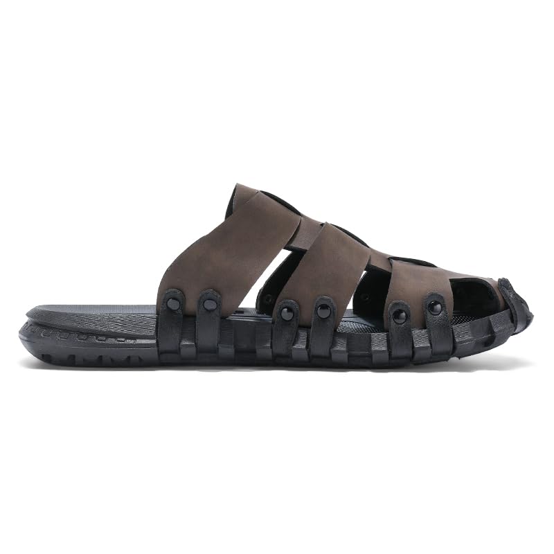 Image of Mens Leather Beach Slides Sandals For Men Closed Toe Hiking Outdoor Athletic Casual Walking Sandals Water Shoes Summer Fisherman