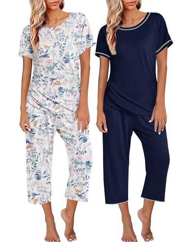 Image of Ekouaer 2 Pack Womens Pajamas Sets Short Sleeve Tops and Capri Pants Pjs Colorful Printed Sleepwear Sets