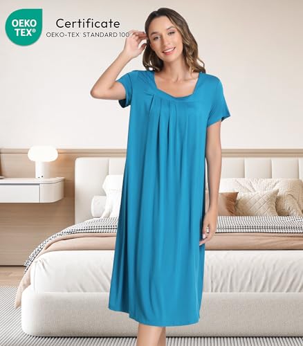 Image of NACHILA Bamboo Viscose Nightgowns for Women Cooling Short Sleeve Sleepshirt | Tagless design, Stretchy nightshirt, Anti-pilling, Shrink-resistant, Lightweight moisture-wicking sleepwear for night sweats