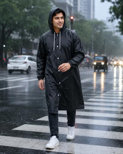 Image of Raincoat for Men & Women | Reusable Hooded Rain Wear | Lightweight 140 GSM Rain Coat with Snap Buttons | Full Length Unisex Rain Coat for Travel, Bike Riding & Monsoon