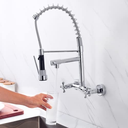 Flwueue Wall Mount Faucet 8 Inches Center, With Pull Down Sprayer, Dual Spray Mode And Dual Handle, High Arc Single Handle Spring Kitchen Sink Faucet, Grifos De Cocina, Chrome #TOP4