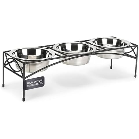 NMN Designs Regal Triple Diner - Triple Bowl Dog and Cat Feeder Stand - Ideal for Feeding Multiple Pets - Durable Wrought Iron Construction with 3-2 Qt Stainless Bowls - 26.5" L x 8" W x 7" H, Black Cover