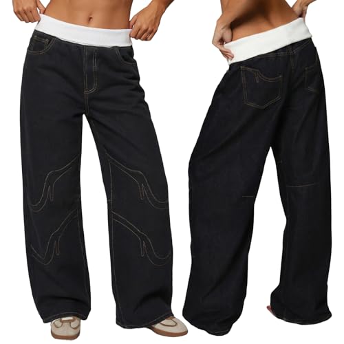 Image of EMMIOL Women Hip Hop 90s Vintage Baggy Jeans Denim Pants Mid Waist Jeans