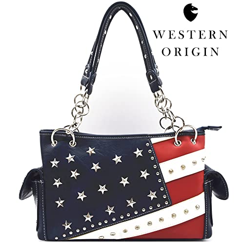 WESTERN ORIGIN American Flag USA Patriotic Purse Stud Handbag Stars and Stripes Women Shoulder Bag Crossbody Wallet Blue2