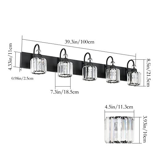 Image of Ralbay Modern Crystal Black 5-Light Bathroom Vanity Light, Matte Black Crystal Bath Wall Light Fixtures