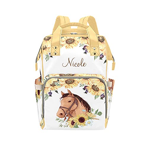 Grandkli Sunflower Horse Personalized Diaper Bag Multi-Function Backpack Nappy Bag Travel DayPack for Unisex