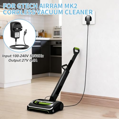 27V 500mA Charger for Gtech Cordless Vacuum Cleaner,Power Supply adapter for Gtech AirRAM MK2 K9 AR01 AR02 AR29 AR30 DM001 AFT001 ATF27 ATF29 ATF40 ATF41 K13S270050B UK Plug 2m Cable