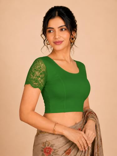 Image of Abhi Cotton Readymade Saree Blouse for Women- Half Net Sleeves, Round Neck, Regular-fit, Stretchable, Pull-on Style Blouse
