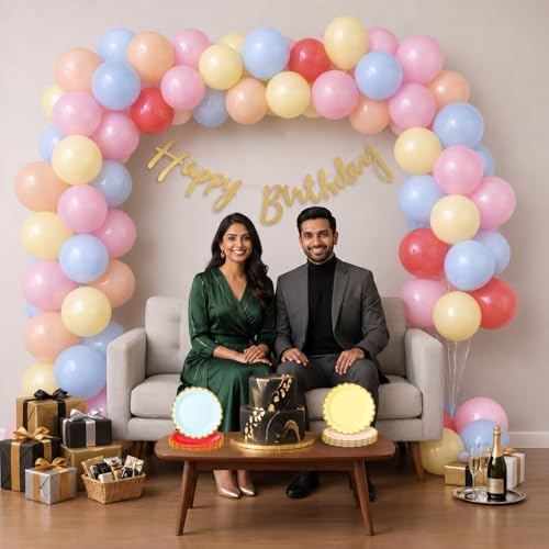 Image of Party Propz Happy Birthday Decoration Kit - 63 Pcs, Multicolor Balloons for Birthday, Birthday Decor Items with Colorful Plates, Golden Happy Birthday Banner Decoration for Boys & Girls (Cardstock)