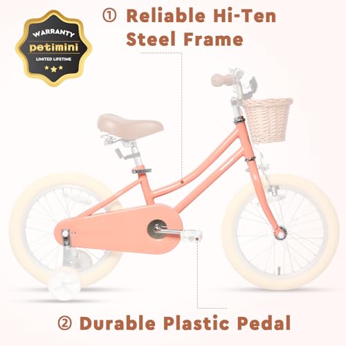 Image of Petimini Vintage Kids Bike for Girls, 12-20 Inch Classic Bicycle with Wicker Basket & Bell, High Tensile Steel Frame, Training Wheels (12-18 inch), 85% Pre-Assembled, Retro Bike for Outdoor Riding