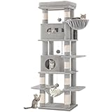 Hzuaneri 170 cm Grand Arbre à Chat, Tour à Chat pour Chats d'intérieur, avec Grand Perchoir, Tapis Lavable, 2 Niches Chats, 8 Griffoirs, Hamac, Pompons, Gris Clair MS17018LG