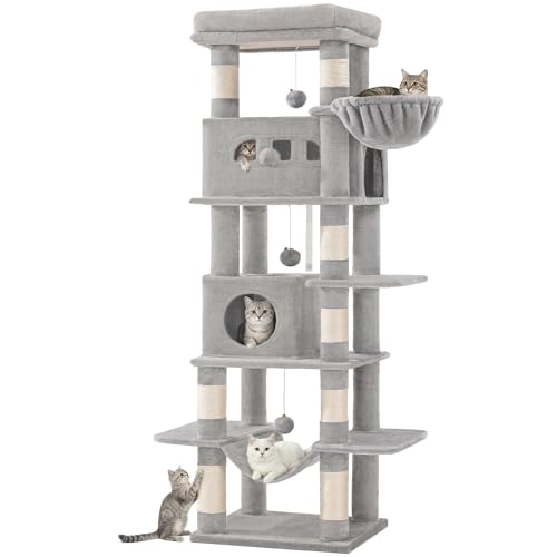Hzuaneri 170 cm Grand Arbre à Chat, Tour à Chat pour Chats d'intérieur, avec Grand Perchoir, Tapis Lavable, 2 Niches Chats, 8 Griffoirs, Hamac, Pompons, Gris Clair MS17018LG