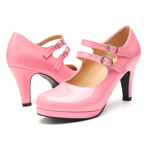 Women's Low Platform Pumps Round Toe Classic High Heels Double Ankle Strap Mary Jane Dress Shoes2