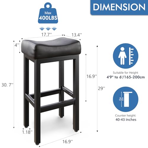 Image of 29 Inch Bar Height Bar Stools Set of 2, 29 inch Barstools for Kitchen Island Counter, Backless Bonded Leather Bar Height Stools with Thick Saddle Seats & Heavy Duty Metal Base, Easy Assembly, All Black