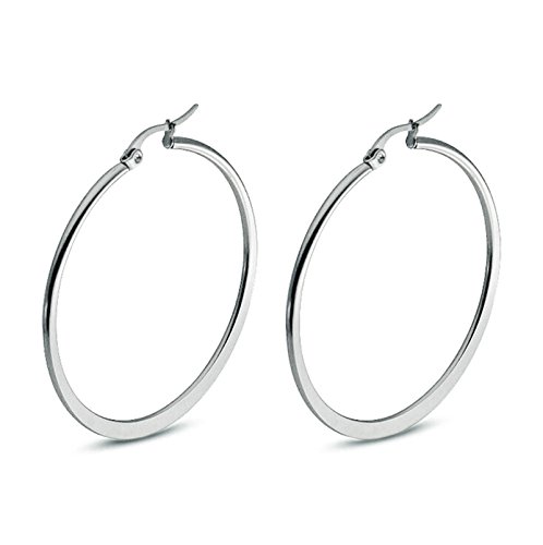 1 Paires Boucle d'Oreille Acier Chirurgical, 40MM Créoles Grand cercle plat en Acier Chirurgical pour Homme Femme, Argent