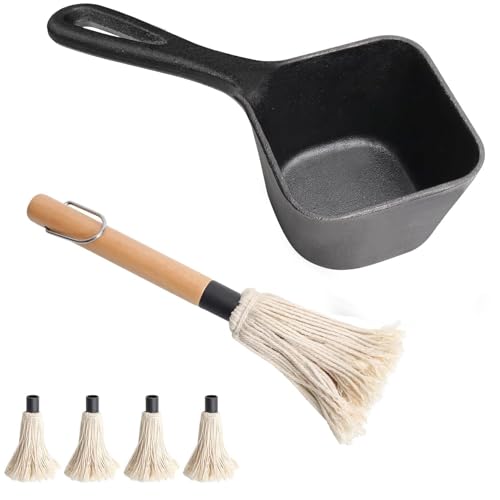 Image of Cast Iron Sauce Pot & Mop Brush Set-4Pcs Heads BBQ Basting Kit for Grilling | Cast iron pot+4-head mop brush set. Holds heat to keep sauces warm. Removable wood handle. For BBQ basting & butter melting.