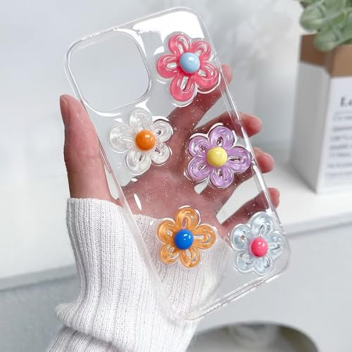 Image of COVERLY for iPhone 12 Pro 3D Luxury Pink Flower Resin Phone Case,Trendy Translucent Cute Hard Epoxy Art Crystal Clear -Non Yellowing Love Heart Embossed Pearl Princess Cover for Apple iPhone 12 Pro