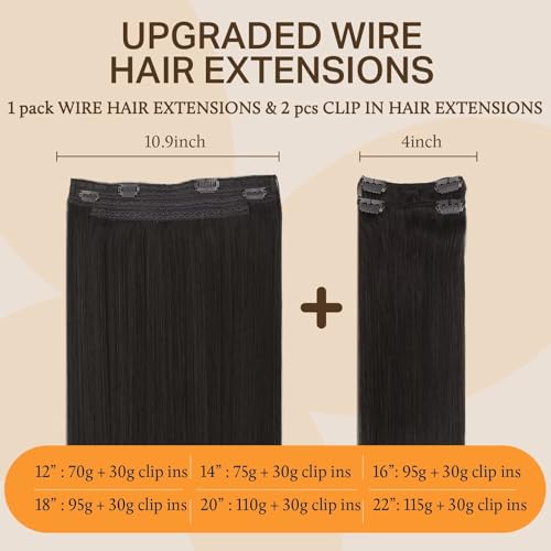 Image of DOORES Wire Hair Extensions, Natural Black 12 Inch 70g Fish Line Weft Extensions and 2pcs 30g Clip ins, 100g Invisible Wire Real Remy Human Weft Straight Transparent Seamless Hairpiece