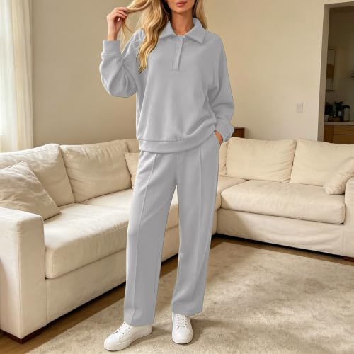 XINGJIAARTS Jogger Sets For Women 2 Piece Wide Leg Sweat Pants Tracksuit Quarter Button Long Sleeve Sweatshirt Travel Outfit GY1 Small - image 2