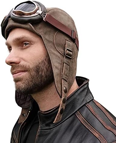 Leather Aviator Hat, Real Vintage Brown Leather Helmet, Pilot Cap, for Men & Women, Simon Model (Large, Hat with Goggles)
