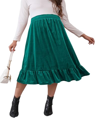 FUNJULY Maternity Velvet Skirt Women's High Waist Floral Print Velvet Maternity Skirts Ruffled Tiered Casual A Line Swing Boho Skirts for Women Green vlent XL