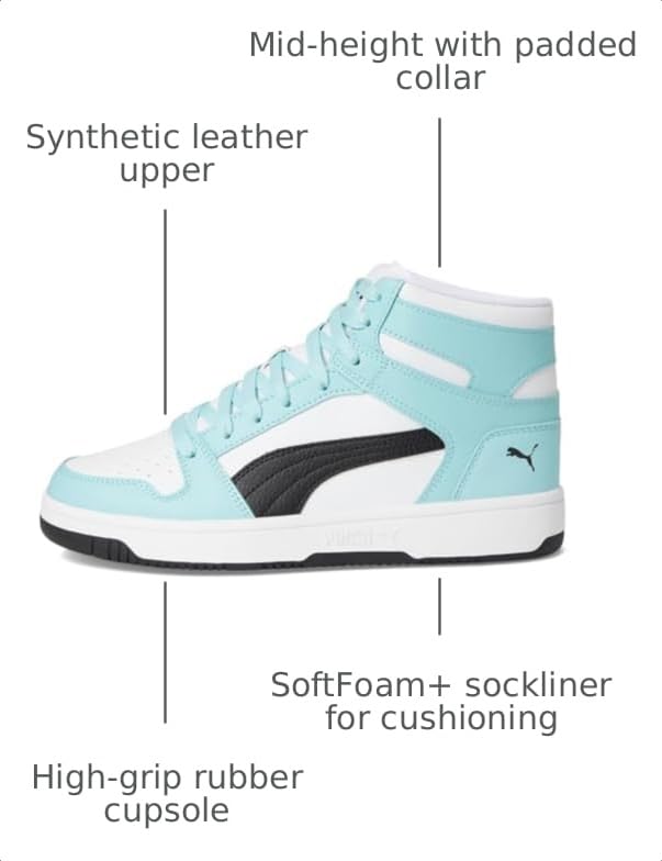 Image of PUMA Women's Rebound Layup Mid Shoes, Puma White /Puma Black /Safe Lake 9.5 Medium