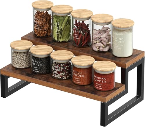 Kundi Rustic Wood Spice Rack Shelf, kitchen organizer rack, rack stand, Kitchen Counter Organiser, Dark Brown (4) (2 She...