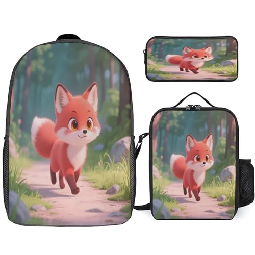 Printed Backpack With Lunch Pack Storage Box Case Little Fox 3pcs Lightweight Travel Backpack
