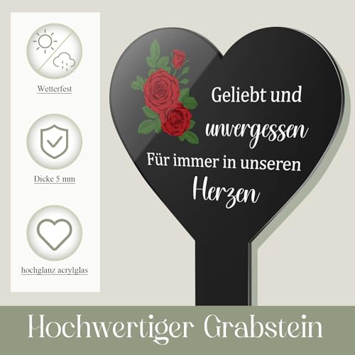 Photect Herz Grabstecker Schwarz Acryl Grabschmuck mit Gravur Geliebt und Unvergessen Träumen Gedenktafel Grabstein Grabdeko Wetterfest Gartenstecker für Grab(Bunte Rosen)