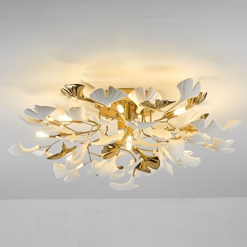 Image of Tree Branch Chandelier Ceiling Light, Modern Gold Ceramic Ginkgo Leaf Chandeliers Brass Flush Mount Chandelier Light Fixture for Kitchen Living Room Dining Room, 31.5 inch Ceiling Light Fixture