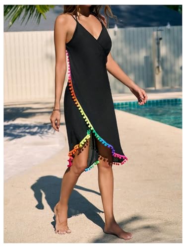 Verdusa Women's V Neck Open Back Beach Cover Up Contrast Trim Sleeveless Wrap Dress4