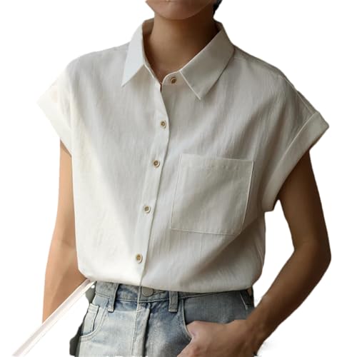 Blusas vintage de algodón y lino para mujer, con bolsillo, manga corta, botones lisos, camisas sueltas casuales, blanco, L