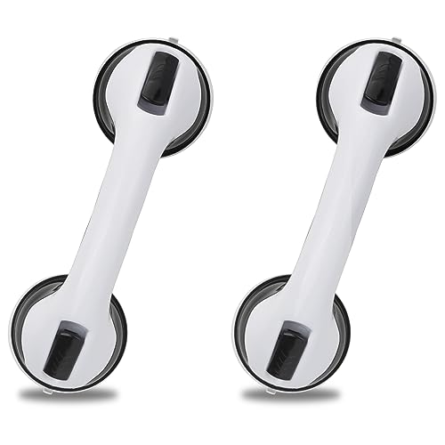 sunzone 2pcs Shower Suction Cup Grab Bar Bathtubs Handrails for Seniors Elderly, No Drilling Waterproof,12 Inch, Grab Bars for Bathroom（Black）