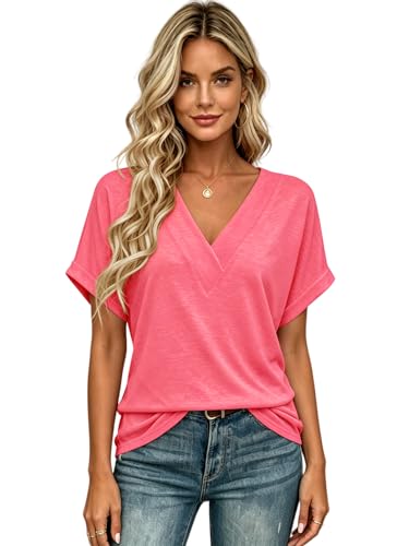 Image of T Shirts Short Sleeve V Neck Tees Womens Tops Beach Vacation Fashion Clothes 2026 Casual Summer Spring Fall Outfits