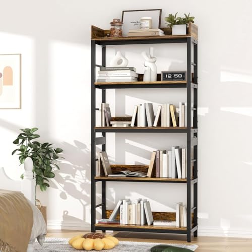 5-Tiers Heavy Duty Industrial Shelving Wood & Metal Bookcase, Boo...