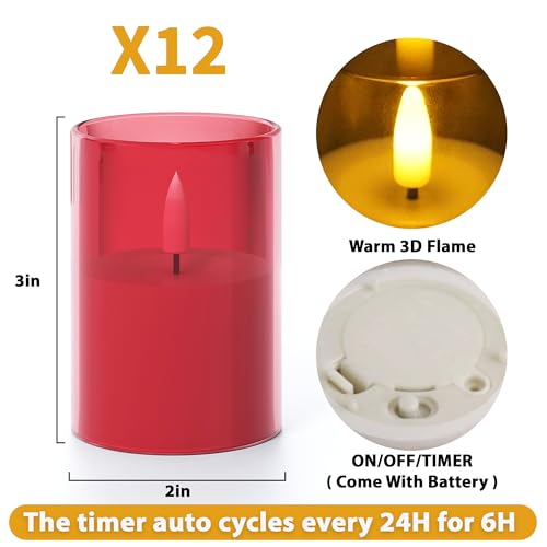 Image of 12Pack Flameless LED Candles with Timer, Battery Operated, Red, 2 inchx3 inch | Small Pillar & Votive Candle with Realistic Flickering Warm Glow for Centerpieces, Wedding Tables, Holiday, and Home Decor