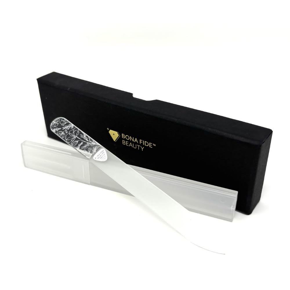 Bona Fide Beauty Czech Glass Nail File for Natural Nails (Floral Design), Giftable Box and New Travel Hardcase Included
