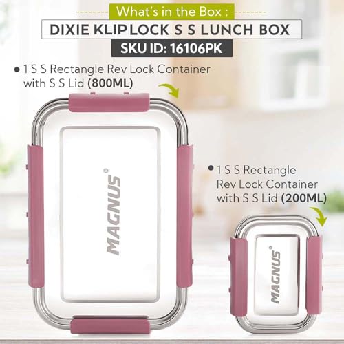 Image of Magnus Dixie Stainless Steel Lunch Box - Airtight & Leak Proof Tiffin, 2 Containers (800ml & 200ml), Ideal Lunch Box for Kids, Lunch Boxes for Office Men, Women & Picnic, Pink