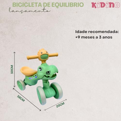 Bicicleta De Equilibrio Infantil Bebe Kidino Motoca Infantil Dino Verde Triciclo Bebe Leve e Durável