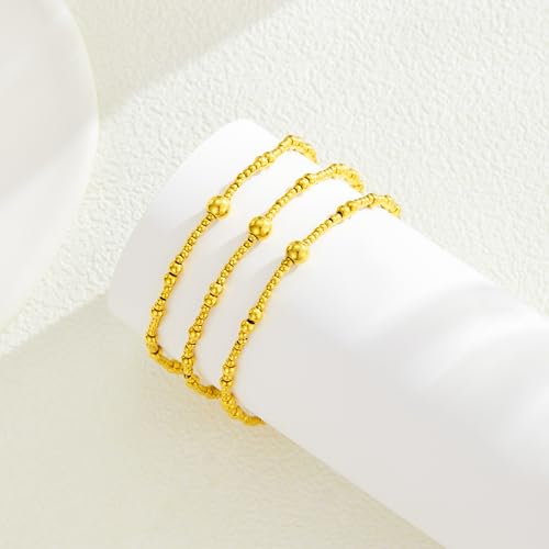HANRESHE Gold Bracelet Stack Non Tarnish Gold Bead Bracelet for Women Stackable Beaded Stretch Bangle Set Waterproof Stainless Steel4