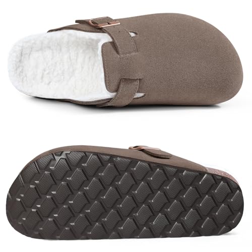 Image of KIDMI Women's Fur Lined Genuine Suede Clogs Fuzzy Cork Footbed Potato Shoes | Adjustable Metal Buckle, Non-slip Rubber Soles, Cushioning, Cozy and Warm, Supportive, Indoor, Outdoor, Winter, Casual