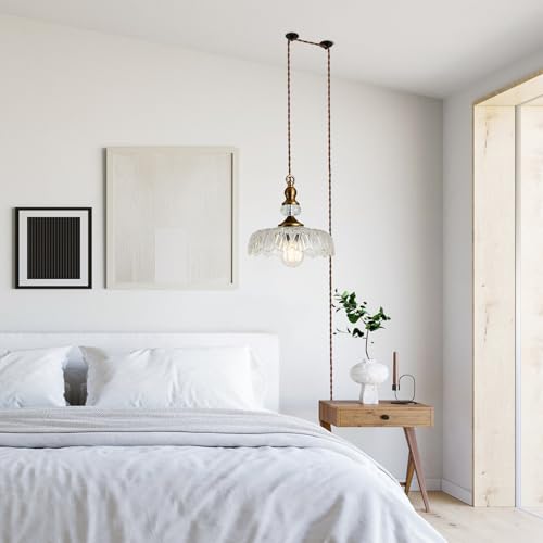 Image of CVKASH Plug in Glass Pendant Light Fixture Brass Vintage Adjustable Chandelier Brushed Gold Hanging Ceiling Light for Farmhouse Hallway Bedroom Foyer Kitcken Dining Room Island