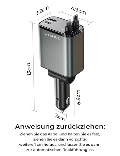 LISEN 84W Zigarettenanzünder USB C Einziehbares Auto SchnellLadegerät Adapter - 2026 Personalisierte Geschenke für Männer Frauen für Sie Ihn, Auto Zubehör Camping Gadget für iPhone 17 Pro Max 17e