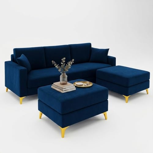 Image of SOCOZI Bravelle 5 Seater L Shape Sofa Set with 2 Movable Ottomans | Flexible Layout| Soft Velvet Suede Fabric|Modern Sofa | Plush Comfort Cushions for Living Room (Dark Blue)