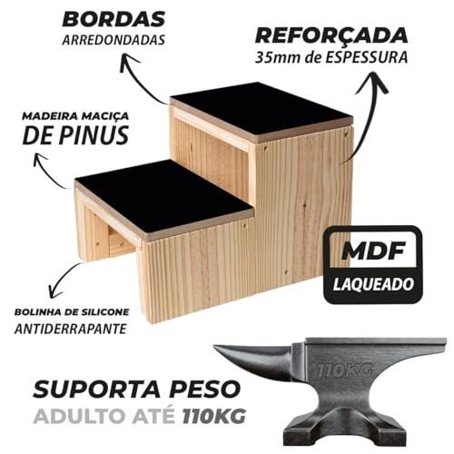 Escada Escadinha Auxiliar 2 Degraus Maca Estética Hospitalar 150 Kg Madeira Maciça Reforçada